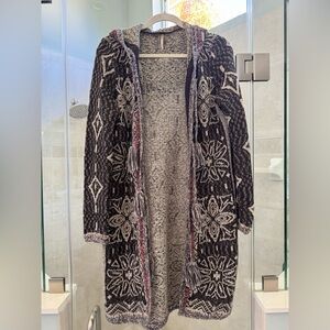 Free People Women's S Brown Kai Pom Pom Cardigan Boho Hooded Longline